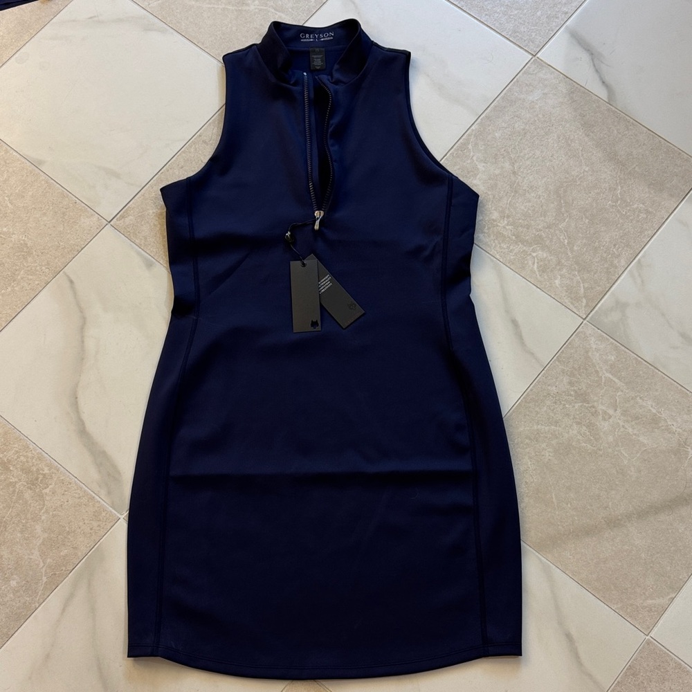 Greyson Navy Sleeveless Mini Dress with Front Zip
